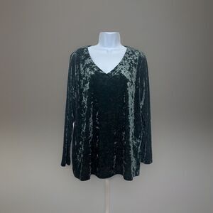 J. Jill Sz L Crushed Velvet Blouse V-Neck Shirred Back Long Sleeve Green Holiday